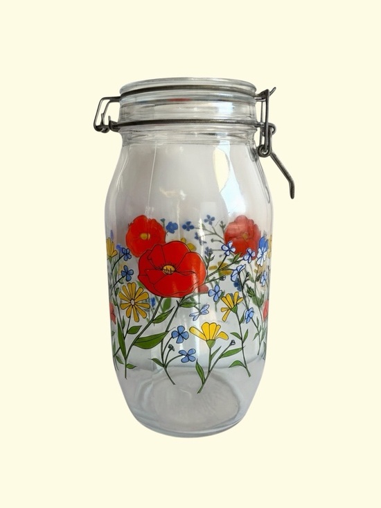 Other - Clear Glass Floral Storage Jar with Poppy Design Arc France by R Carmen